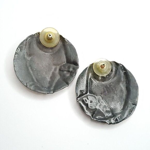 Vintage 80s Statement Round Abstract Enamel Earrings Yellow Goldtone Boho Tribal - Picture 3 of 3